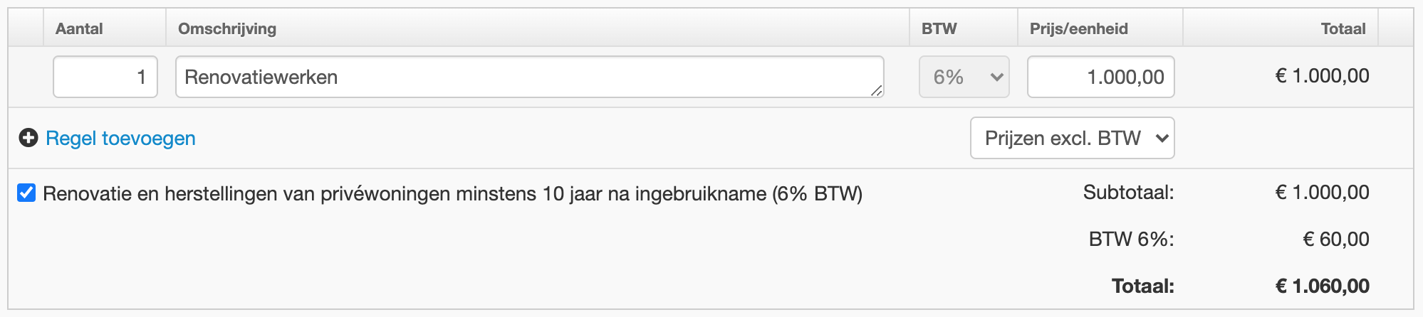Screenshot: factuur met verlaagd BTW tarief