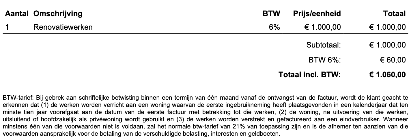 Screenshot: factuur met verlaagd BTW tarief